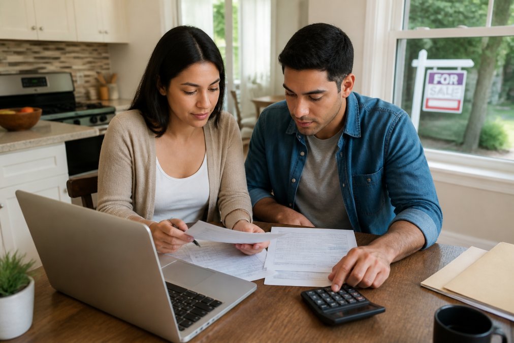 Infographic showing how a couple uses home buyer tax credits and mortgage deductions while reviewing finances.