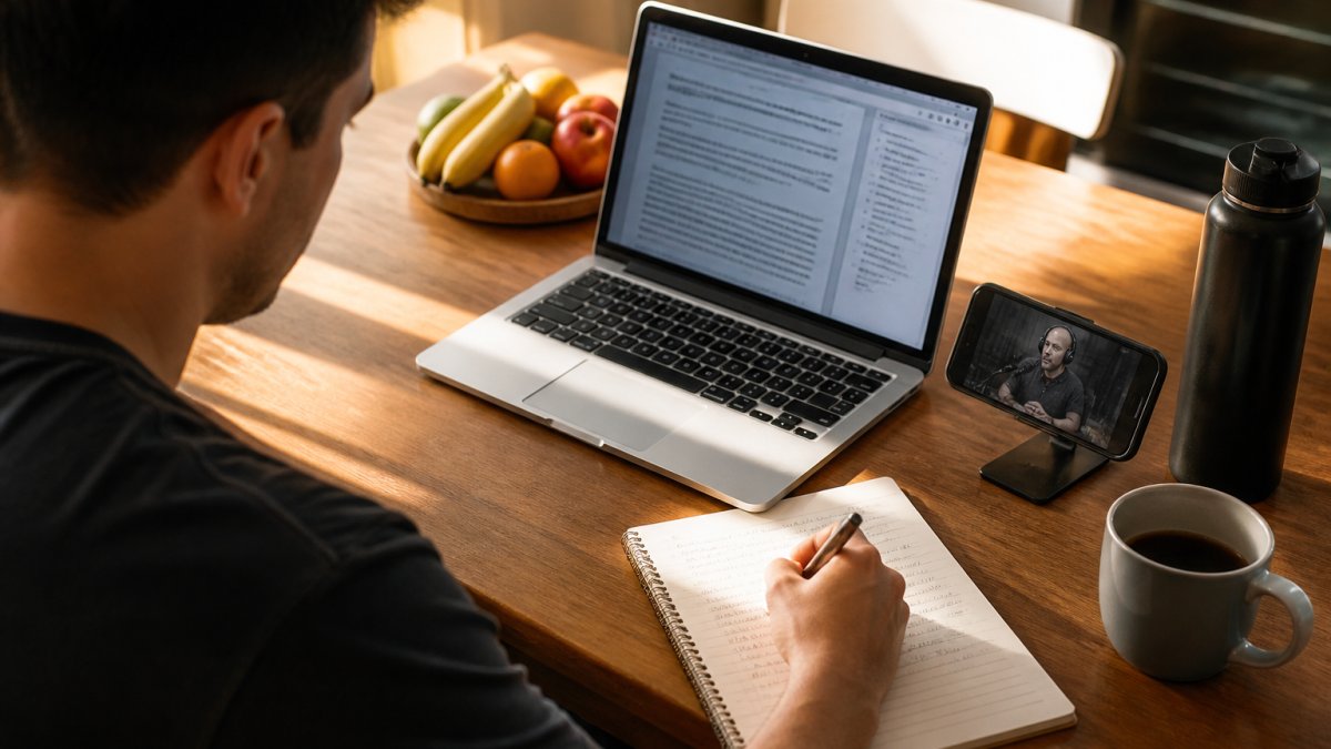 Step-by-step process for fact-checking fitness podcasts using research abstracts and notes at a kitchen table.