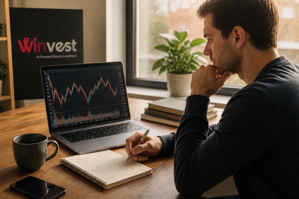 Professional studying crypto price charts while seeking fixed daily crypto returns at a sunlit desk