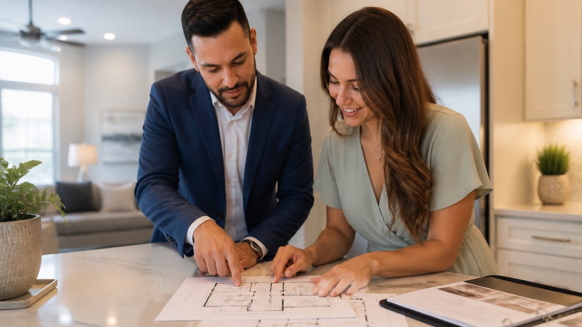 Real estate agent and buyer reviewing printed floor plans on a kitchen counter in a bright staged home