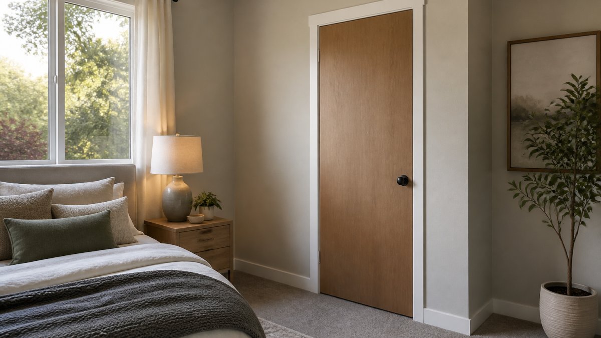 A closed flat-panel bedroom door in a calm, softly lit bedroom with a made bed, nightstand, and natural light from a window