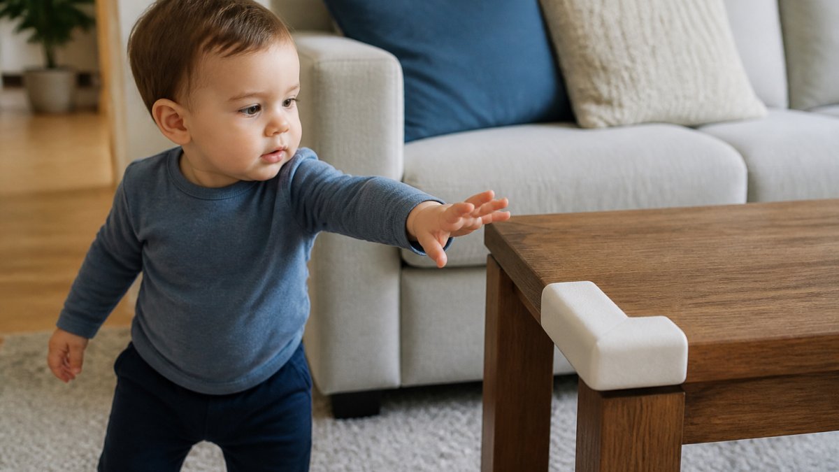 Toddler reaching toward a wooden table corner with a foam guard installed, showing the cushioned edge protection in a bright home living room