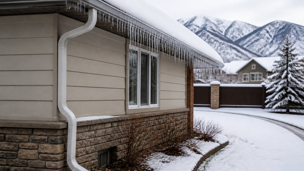 Snowy roof with icicles and seamless gutters channeling meltwater away from a Northern Colorado home foundation.