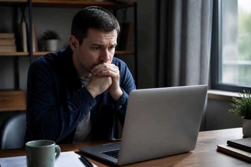 A person looking concerned at a computer screen displaying a security warning pop-up in a dimly lit home office