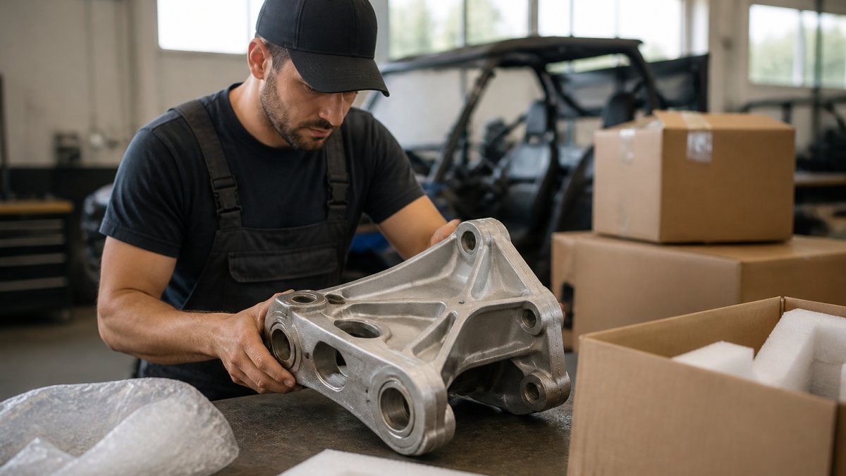 Mechanic inspecting a large metal engine component on a workshop workbench surrounded by shipping materials
