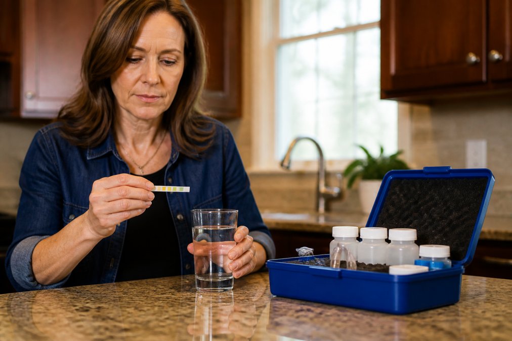 Homeowner using free water tests at a sink with a lab kit nearby