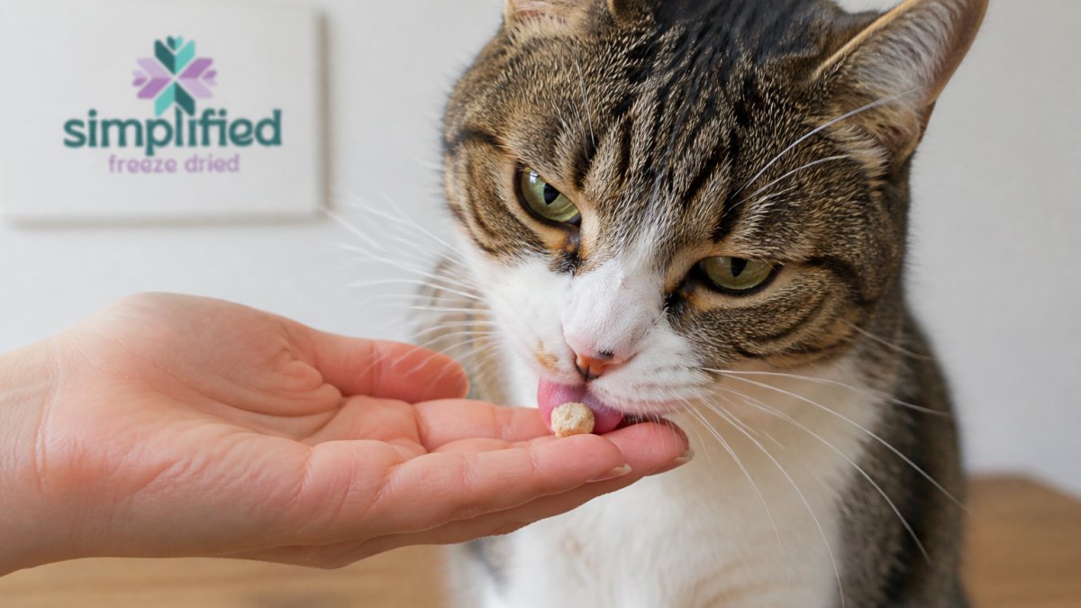Close-up of a cat's face as it eats a small freeze-dried treat from a person's hand, showing the cat's focused interest and the small portion size relative to the hand