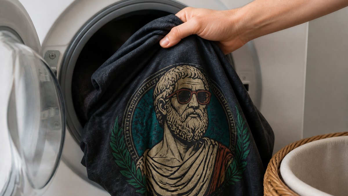 Close-up of a history-themed graphic T-shirt being removed from a washing machine, showing vibrant print detail and soft cotton-poly blend fabric texture in natural light
