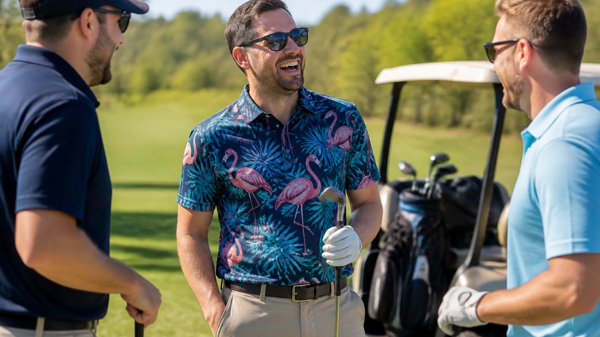 A golfer in a bold patterned short-sleeve polo laughing with playing partners on a sunny fairway, golf bag and cart in the background