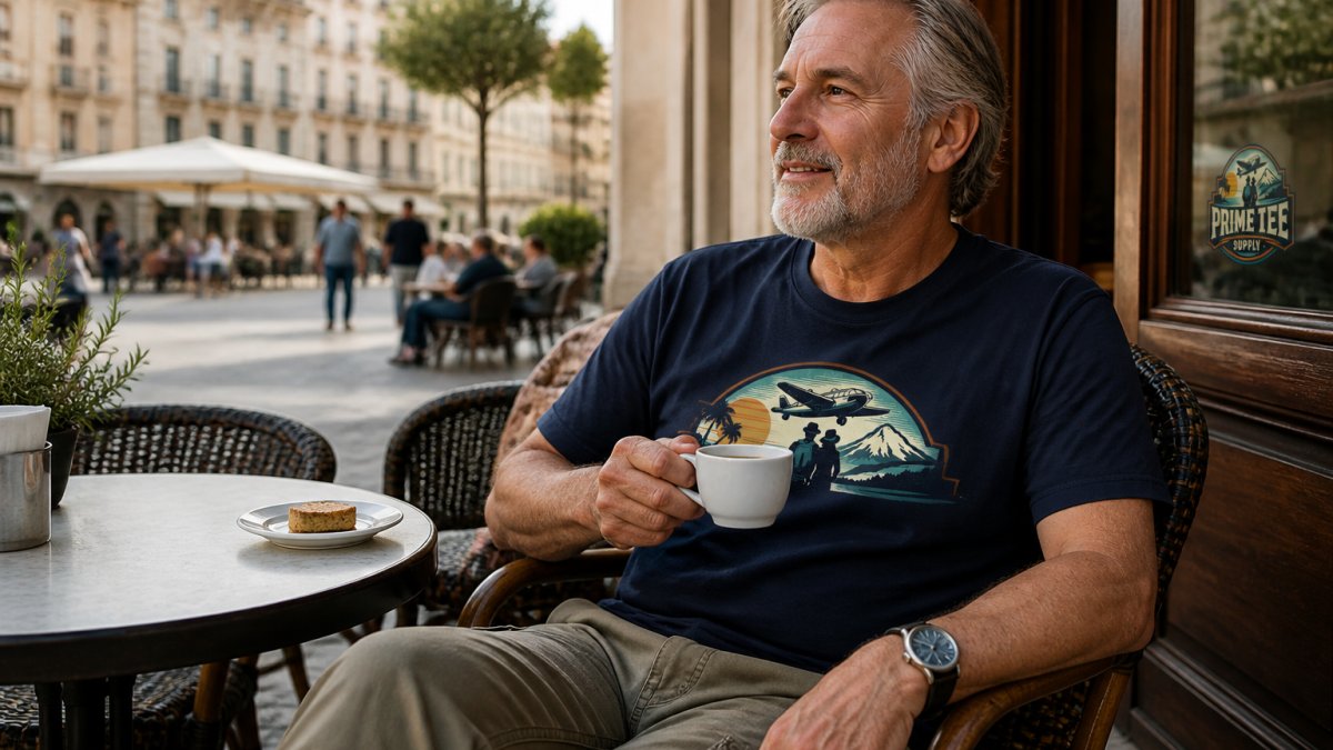Experienced male traveler wearing a casual graphic travel tee at an outdoor European café, seated with a coffee, relaxed posture, natural afternoon sunlight, showing the shirt in authentic real-world travel use