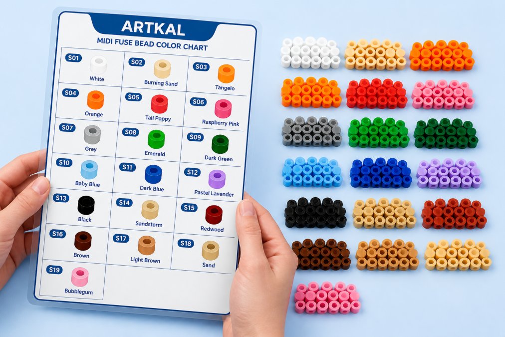 Close-up of hands holding an Artkal bead color chart next to physical fuse beads arranged in rows showing various colors under natural studio lighting