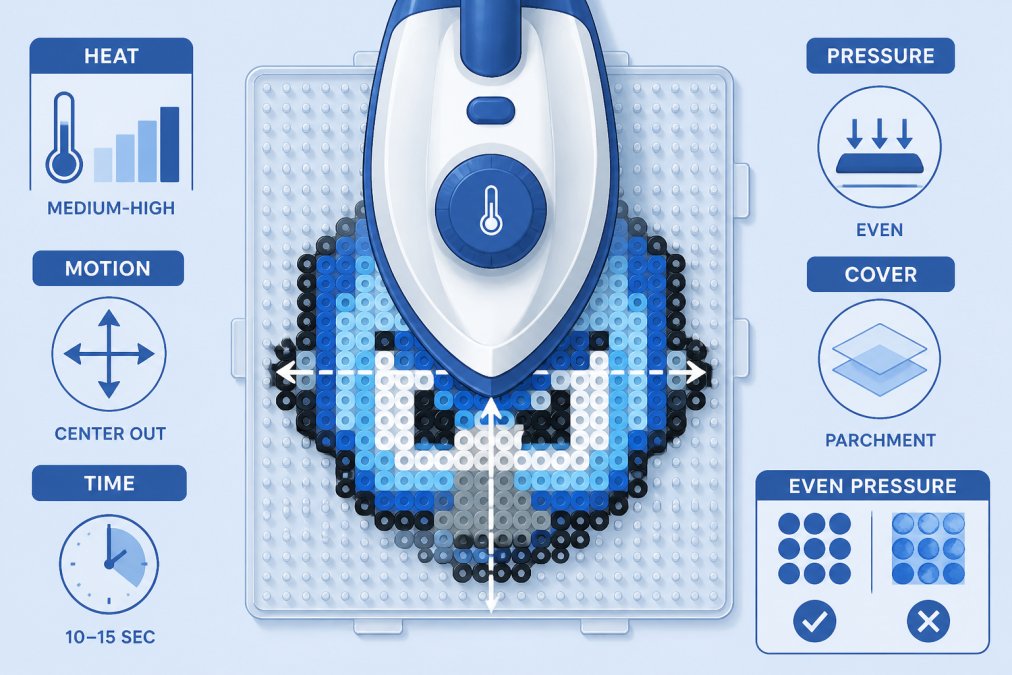 Overhead view of a fuse bead iron positioned on a pegboard with beads arranged in a pixel pattern, showing proper heat application setup with even pressure distribution