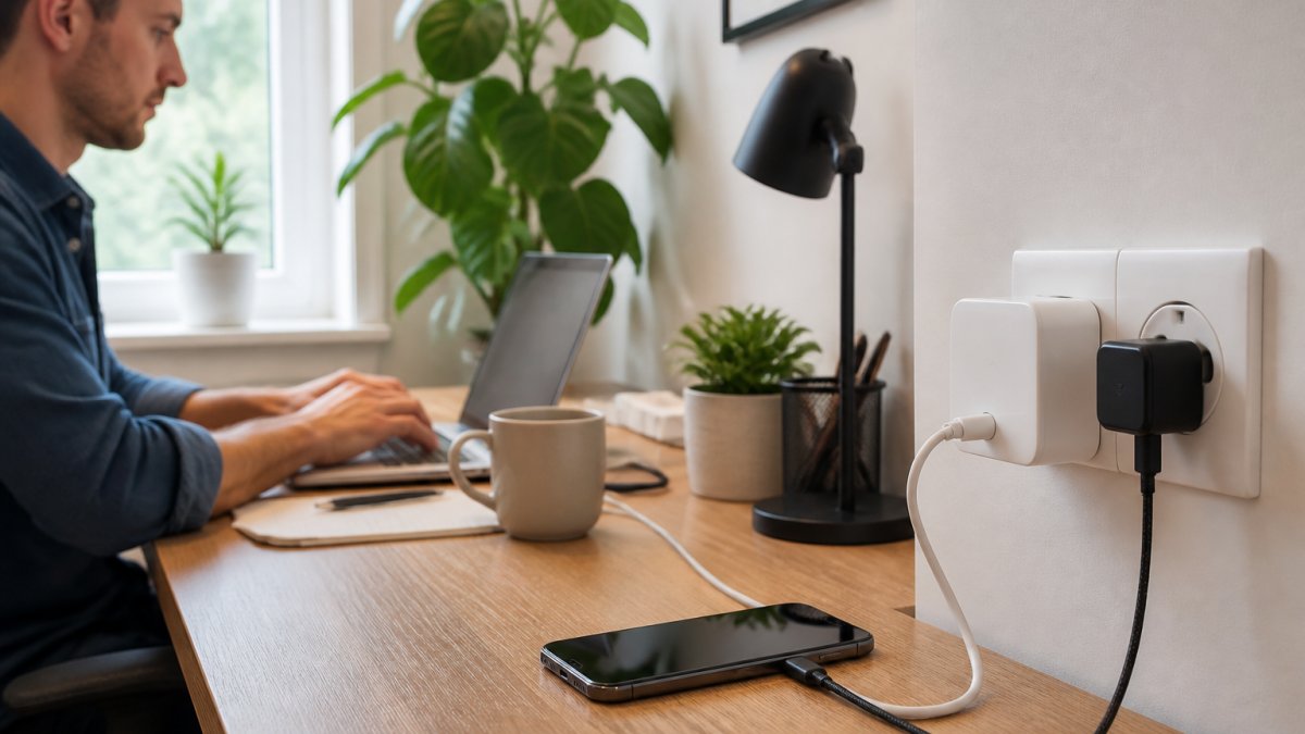 A compact GaN wall adapter plugged into a wall outlet next to a bulky older charger, with a smartphone charging on a desk in a bright home office