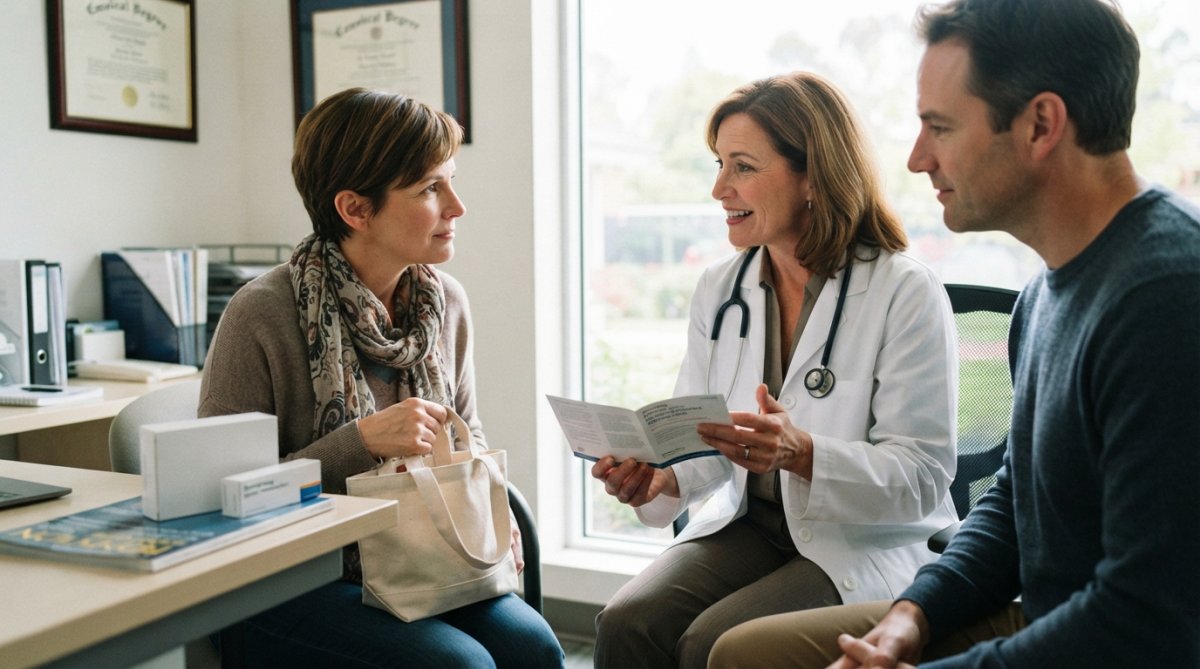 A patient consulting with an oncologist in a bright medical office, reviewing treatment options and medication information together