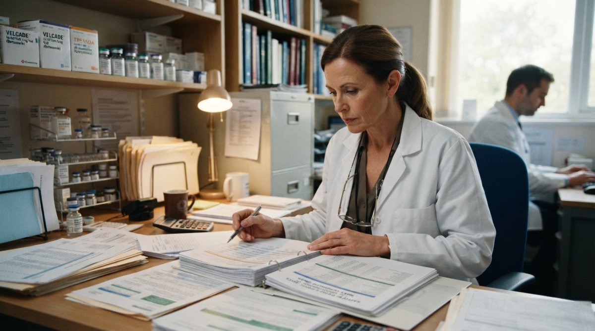 Professional illustration showing healthcare and professional and reviewing concepts for generic oncology drugs safe