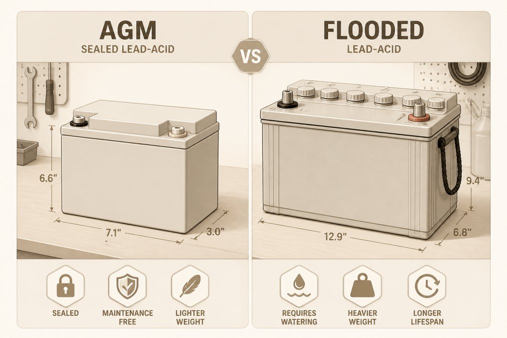 Close-up of two different sump pump batteries side by side on a workbench, showing the physical differences between an AGM sealed battery with a compact rectangular form and a flooded lead-acid battery with visible terminal posts and a larger, heavier frame