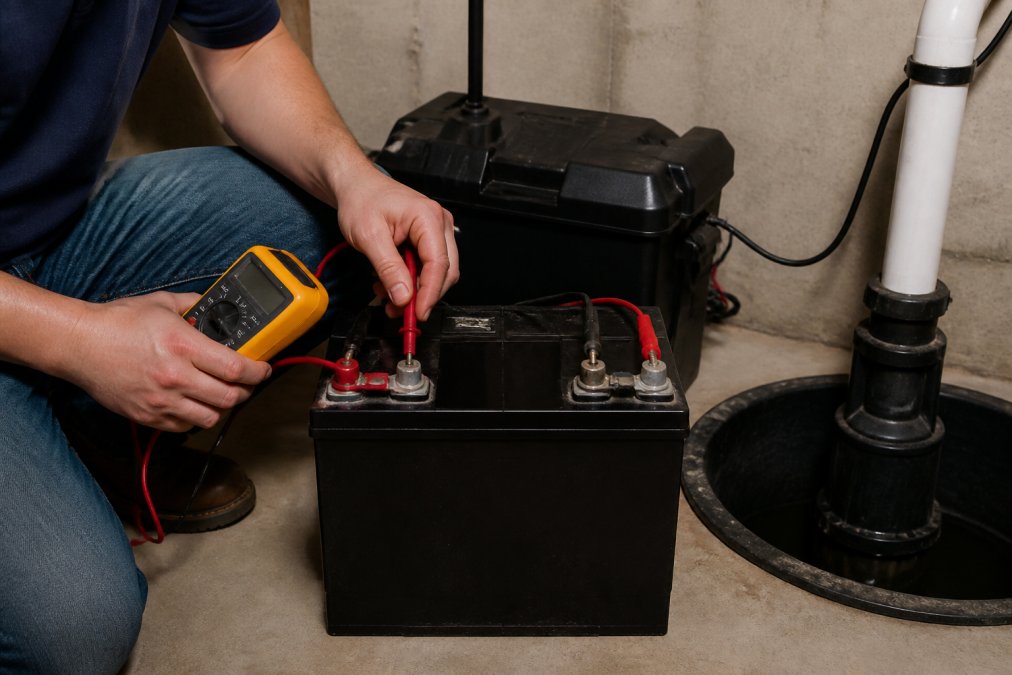 Hands performing maintenance on a sump pump battery backup system, showing a technician checking battery terminals with a multimeter and inspecting connection points in a basement setting with concrete walls and a sump pump visible