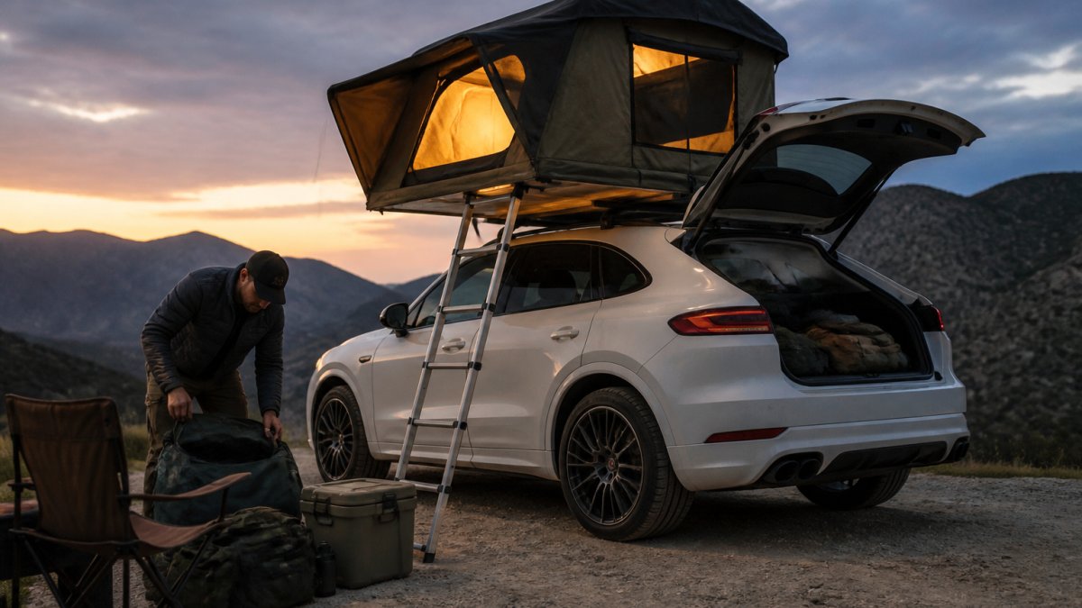 SUV parked at a campsite at dusk with a deployed roof tent glowing with warm interior light and camping gear nearby.