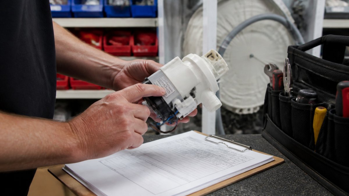 Professional technician's hands examining an appliance part under bright workshop lighting, checking the part number label and manufacturer markings against documentation on a clipboard