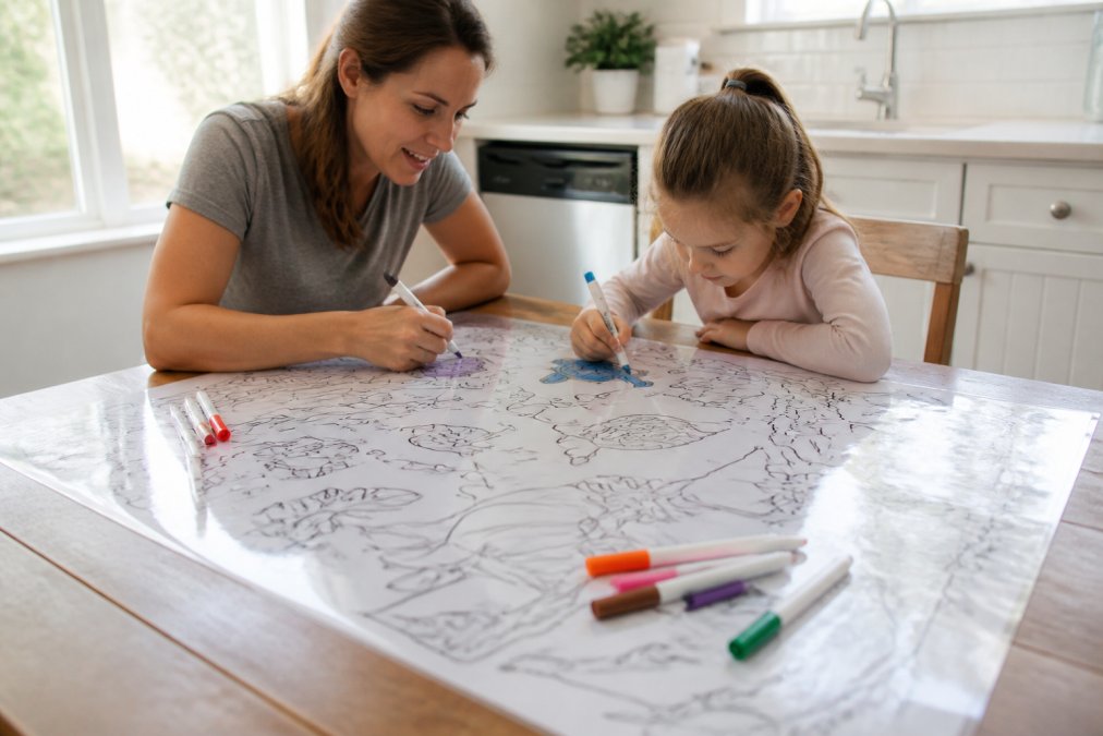 A parent and child sitting at a sunlit kitchen table, using dry-erase markers on a large glossy laminated coloring sheet spread out flat, with a few colorful markers scattered nearby