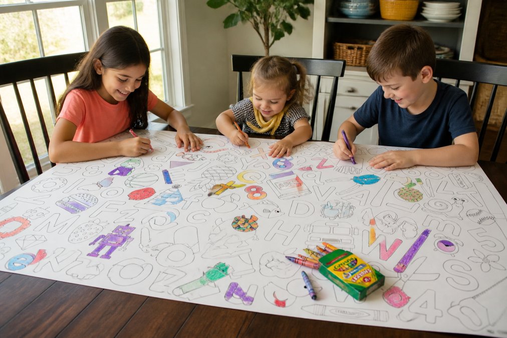 Three children of different ages sitting around a large coloring sheet on a dining table, each coloring different sections with markers and crayons, completely engaged and smiling, natural afternoon window lighting illuminating the colorful designs