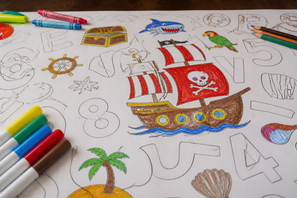 Close-up of a giant coloring sheet showing vibrant marker colors applied to intricate pirate ship designs, with crayons, colored pencils, and markers arranged on the paper surface, natural lighting highlighting the color saturation and paper texture