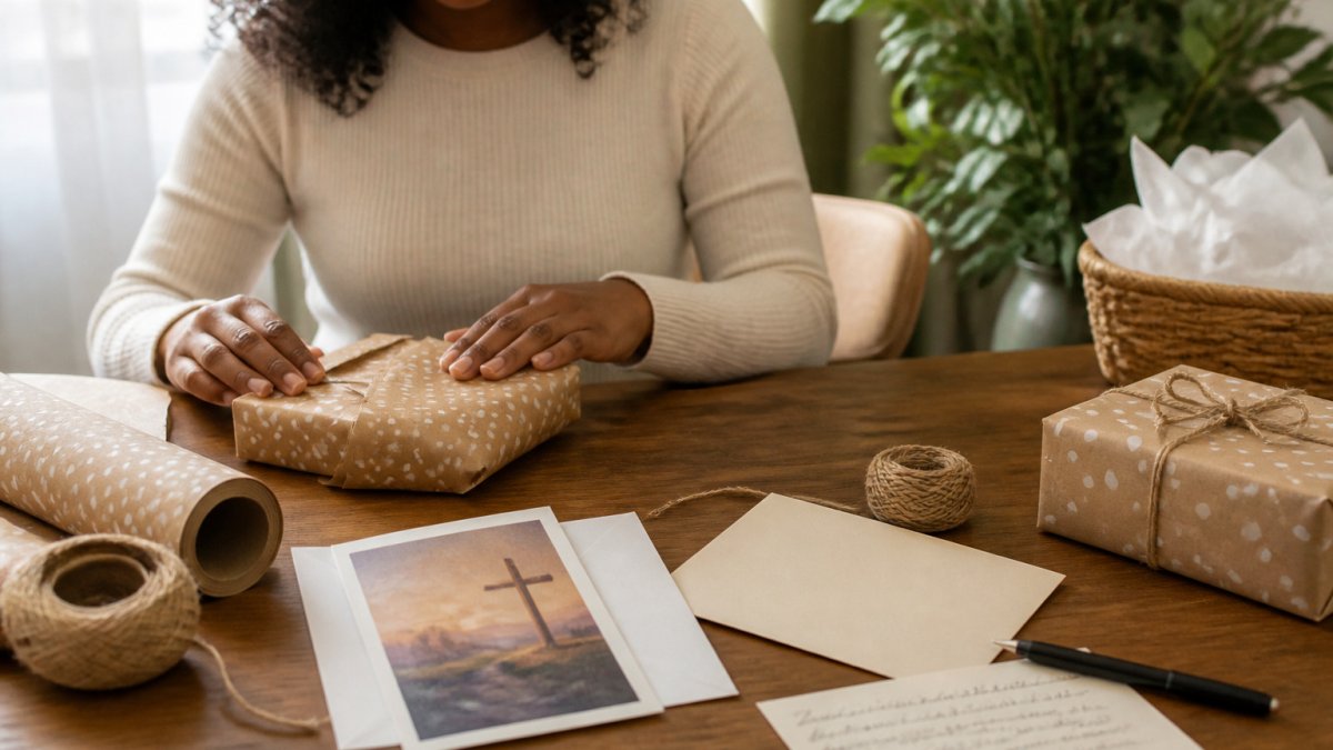 Infographic steps for wrapping faith-themed gifts and handwritten notes for local charitable giving