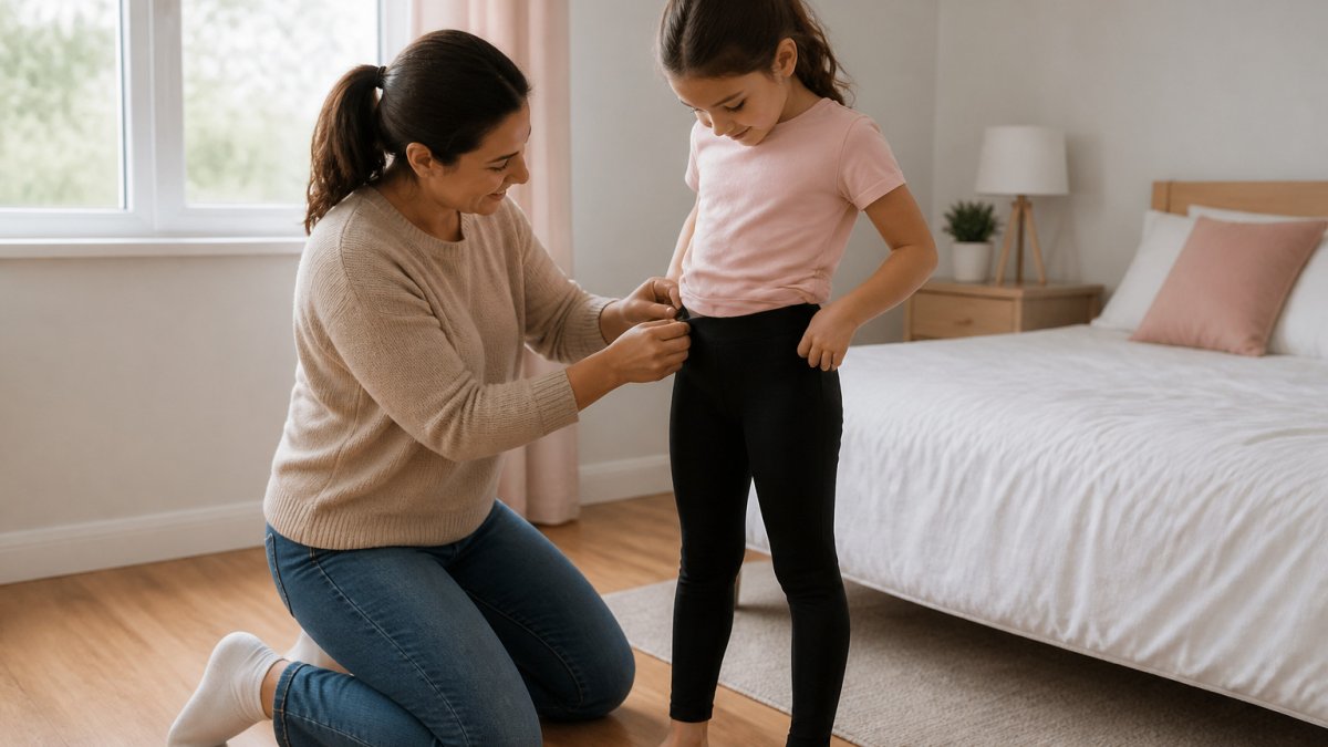 Mother checking the waistband fit of black leggings on her young daughter in a bright bedroom