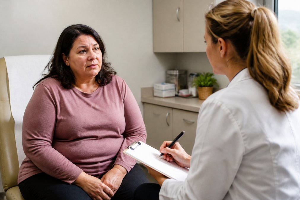 Patient in a medical consultation room speaking with a healthcare provider who is taking notes on a clipboard, conveying a serious discussion about medication side effects and safety
