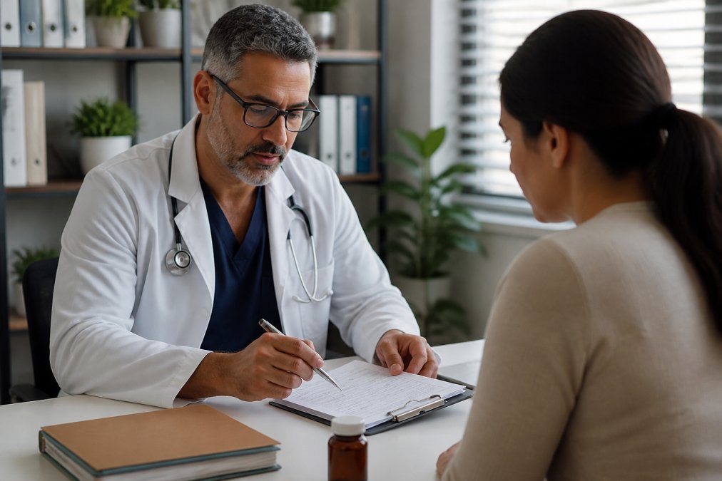 Doctor reviewing lab results and patient records at a desk with a computer, demonstrating personalized medical monitoring and dosage management