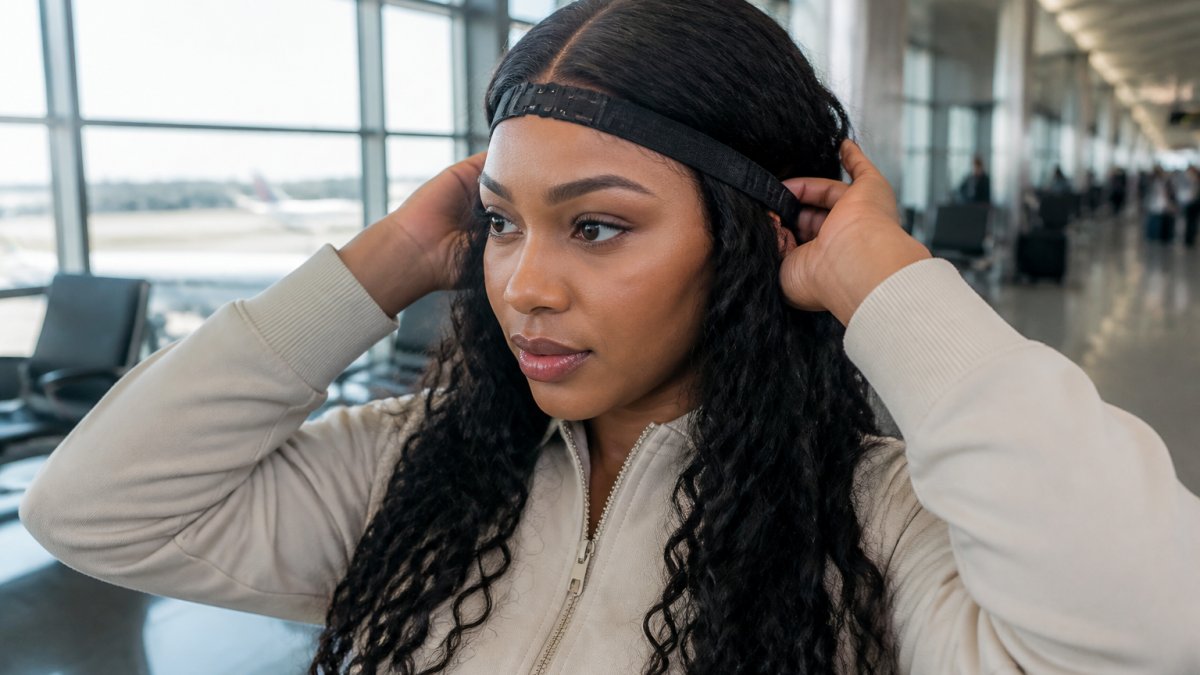 A woman in a bright airport terminal adjusting the adjustable strap of her glueless wig cap, looking confident and travel-ready
