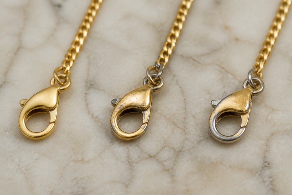 Macro photograph showing the progression of gold plating wear on a chain clasp over 6, 12, and 18 months of daily wear, showing gradual exposure of base metal