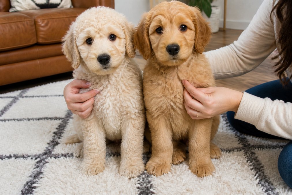 Close-up of two Goldendoodle puppies side by side on a bright rug, one with a tight curly cream coat and one with a loose wavy golden coat, a person's hand gently separating the fur to show texture differences in warm home lighting