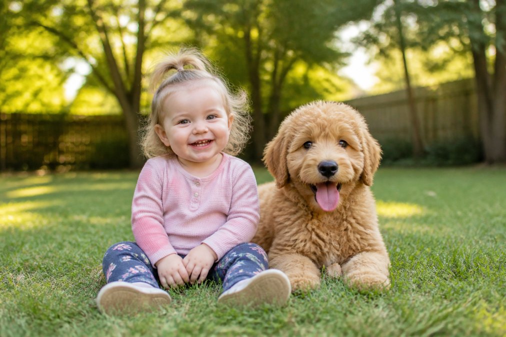 A happy toddler sitting on grass next to a fluffy golden Goldendoodle puppy in a sunny backyard, both looking at the camera, warm afternoon sunlight filtering through the trees