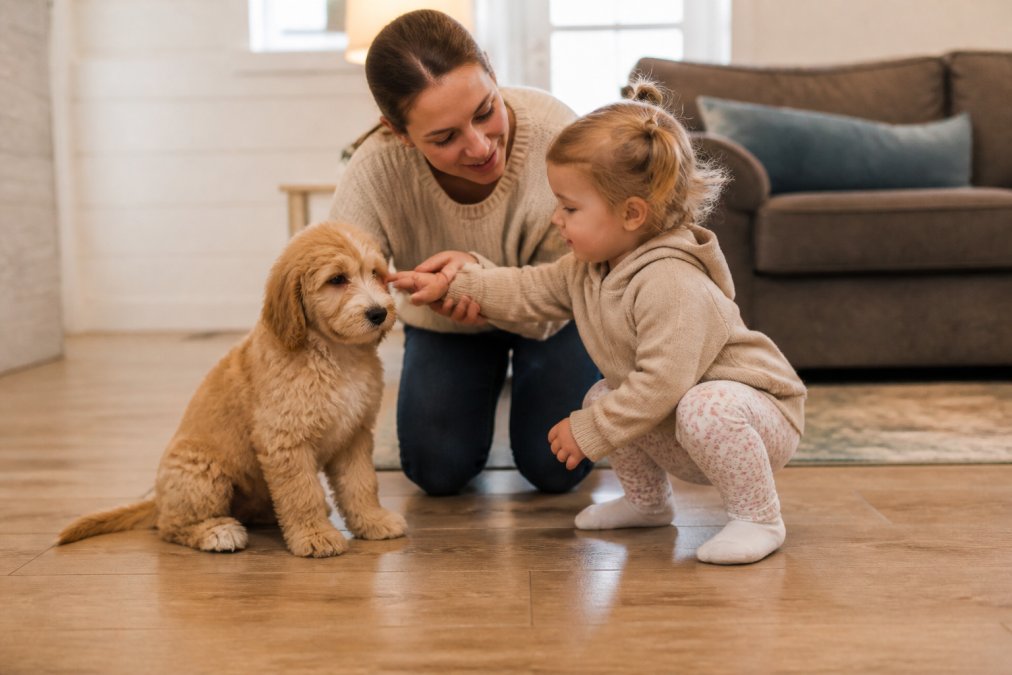 A parent kneeling beside a toddler and a Goldendoodle puppy indoors on a light hardwood floor, gently guiding the child's hand to pet the dog calmly, warm indoor lighting with a cozy family room in the background