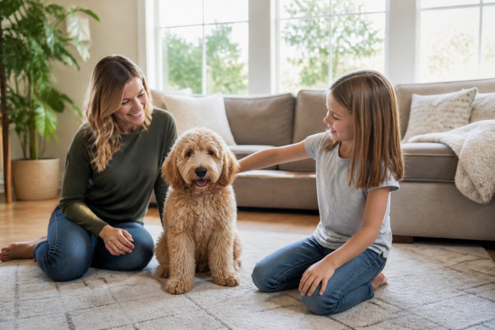A fluffy Goldendoodle puppy sitting on a family's living room floor, a child gently petting it while a parent watches nearby, soft natural light streaming through a large window behind them