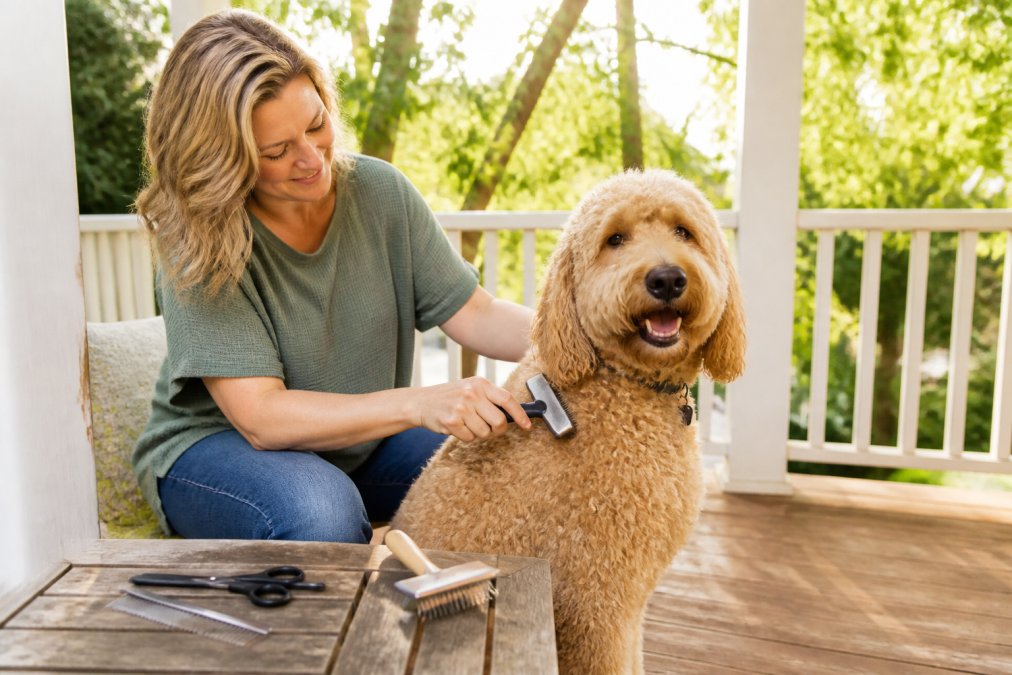 A person brushing a curly-coated Goldendoodle outdoors on a sunny porch, grooming tools laid out on a small wooden table beside them, warm afternoon sunlight filtering through nearby trees