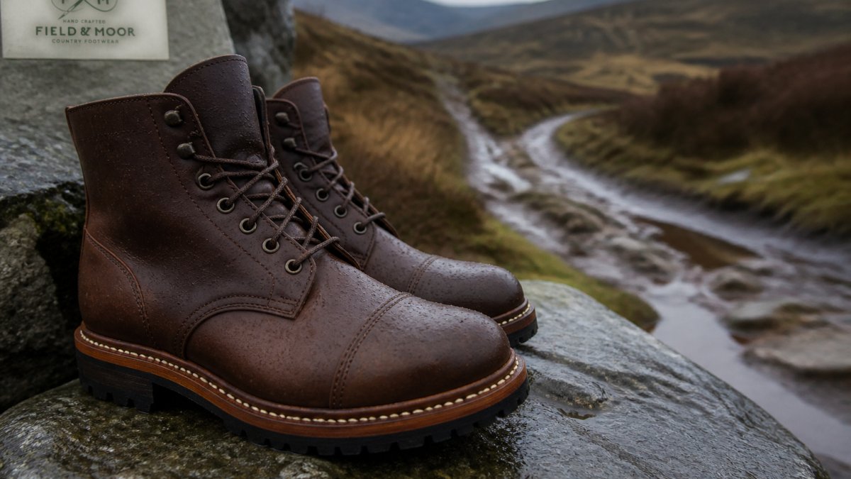 Close-up photograph of a pair of brown leather country boots resting on wet stone, showing the stitched welt seam around the sole edge and a muddy moorland track in the soft-focus background