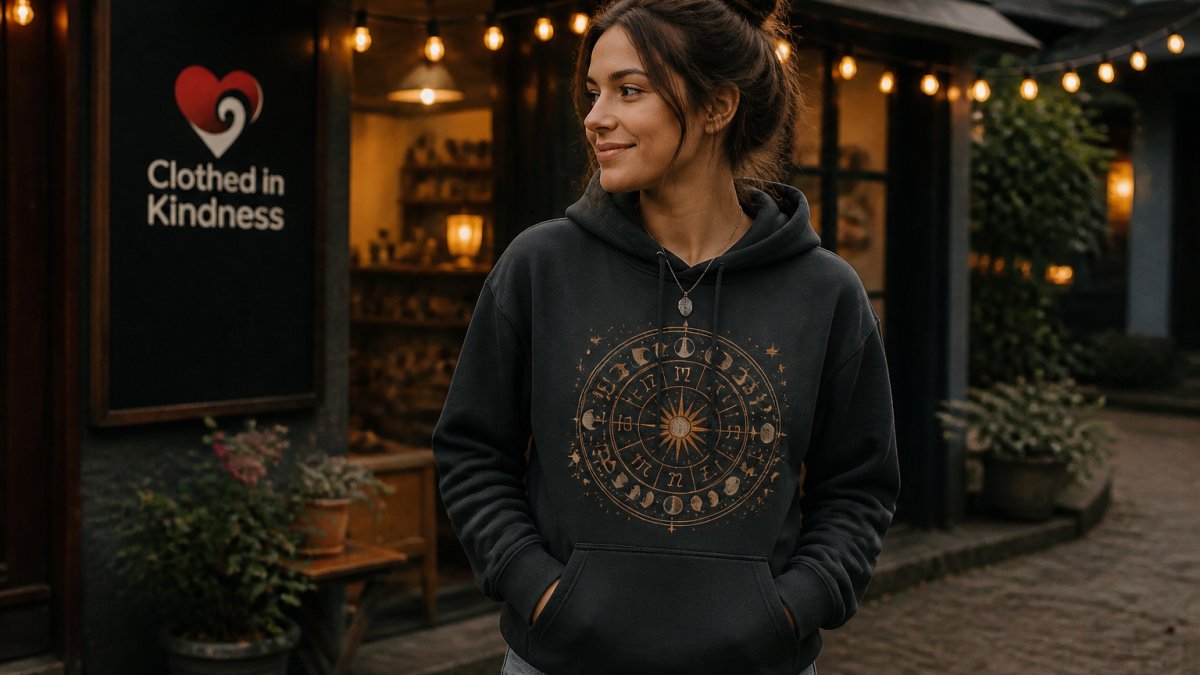 A person wearing a vintage-style zodiac hoodie outdoors on a cool evening, hands in the front pouch pocket, hood down, with a relaxed casual outfit