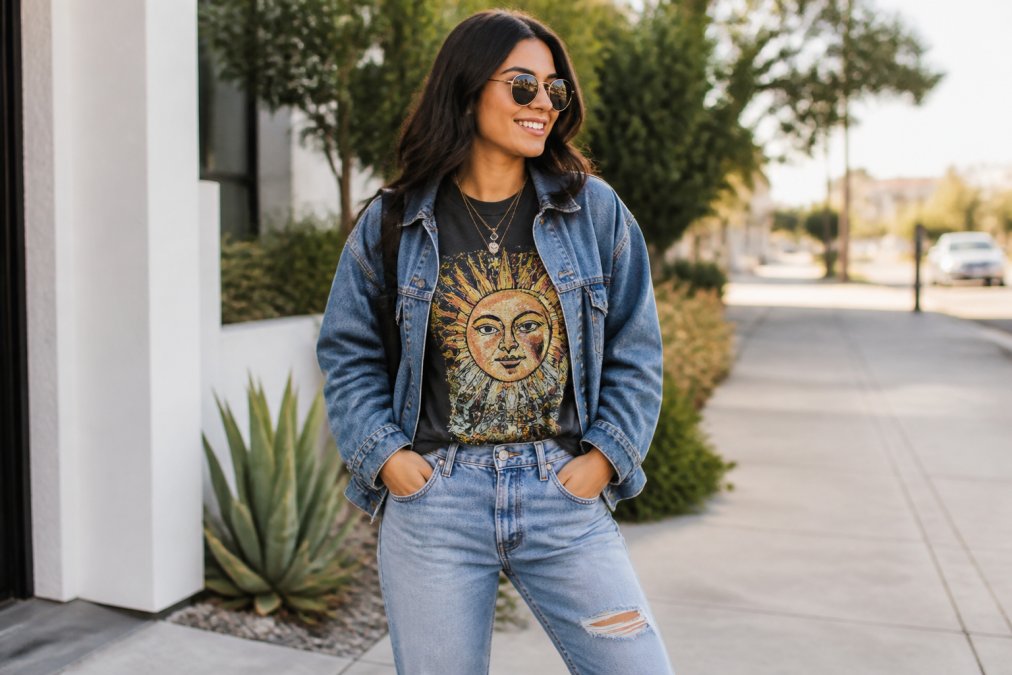 Person wearing an oversized graphic tee with bold vintage typography, layered with a denim jacket and casual jeans, standing in natural outdoor light showing a complete seasonal outfit