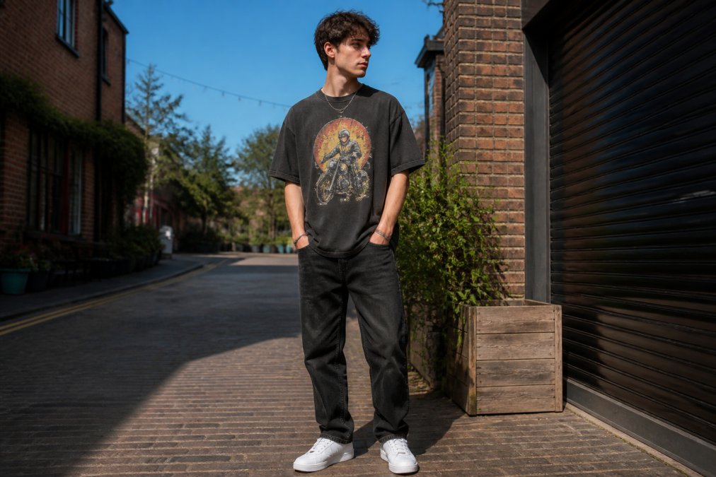 A person wearing a bold vintage-style graphic tee in an oversized fit, styled casually with dark jeans and clean white trainers, standing outdoors on a sunny street with a relaxed, confident pose and natural daylight catching the print detail