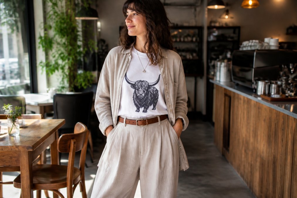 A woman wearing a bold statement graphic tee tucked into high-waisted wide-leg trousers, layered with an open linen overshirt in a neutral tone, standing in a bright café setting with warm natural light, the outfit showing easy day-to-night versatility