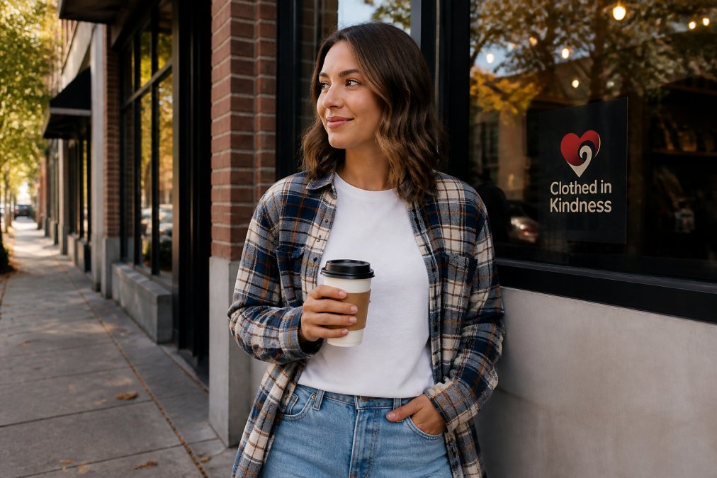 Person wearing a relaxed graphic tee layered under an open flannel shirt while standing outdoors in casual daylight