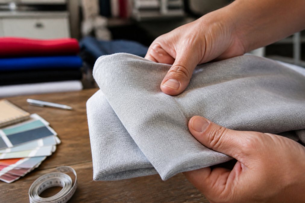 Close-up of hands holding a folded cotton t-shirt, fingers pressing into the fabric to show its dense texture and smooth print layer under bright indoor lighting
