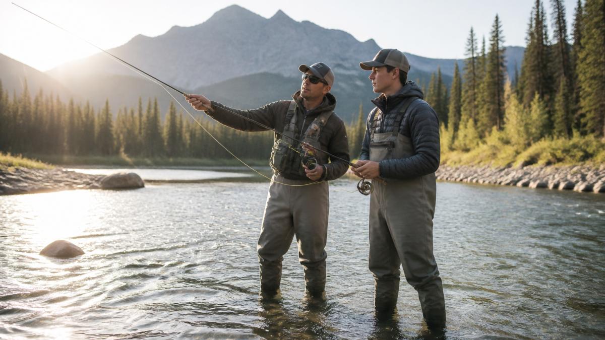 Professional guide instructing an angler on casting during guided fly fishing trips in a scenic mountain river.