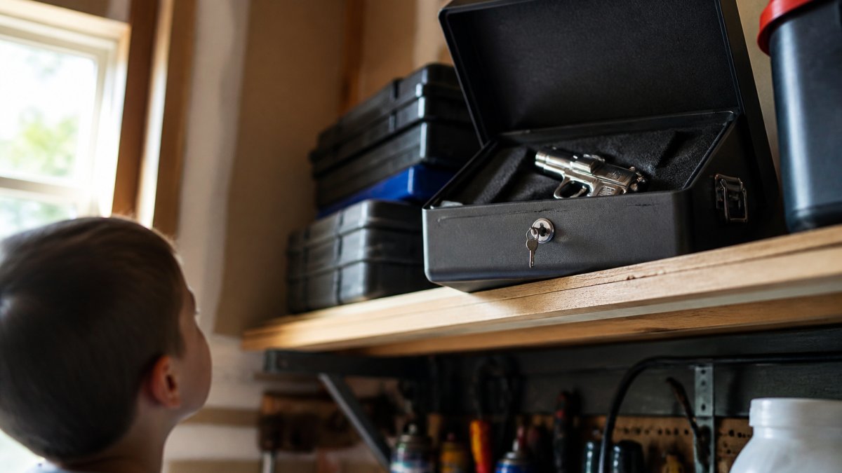 Locked metal storage box containing a novelty lighter on a high shelf