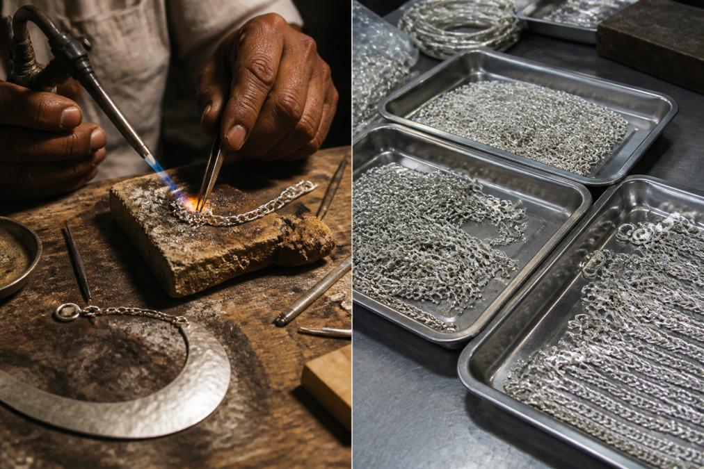 Close-up of an artisan's hands soldering a silver chain link at a wooden workbench, small tools and a nearly finished hammered necklace resting on the surface, warm workshop lighting