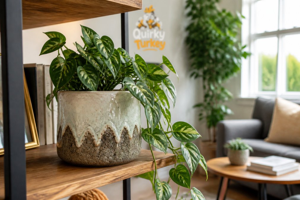 Close-up of a handmade ceramic plant pot with a trailing plant styled on a wooden shelf in a bright modern living room, soft daylight from a window