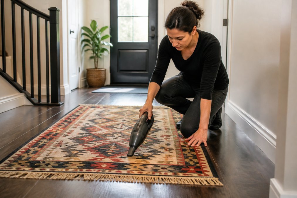 Person carefully vacuuming a kilim rug in a bright hallway or entryway, demonstrating proper maintenance technique with a handheld vacuum