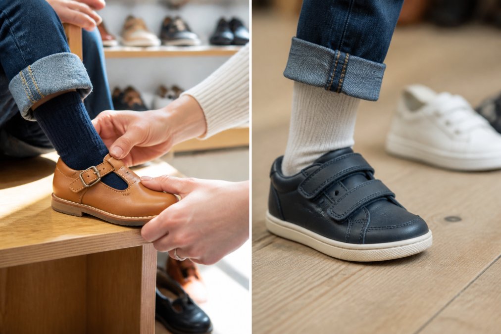 Elternteil passt einem Kind in einem gemütlichen Geschäft behutsam handgefertigte Lederschuhe an